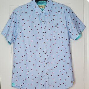 Free Planet Mens L Blue Watermelon Print Short Sleeve Button Down
